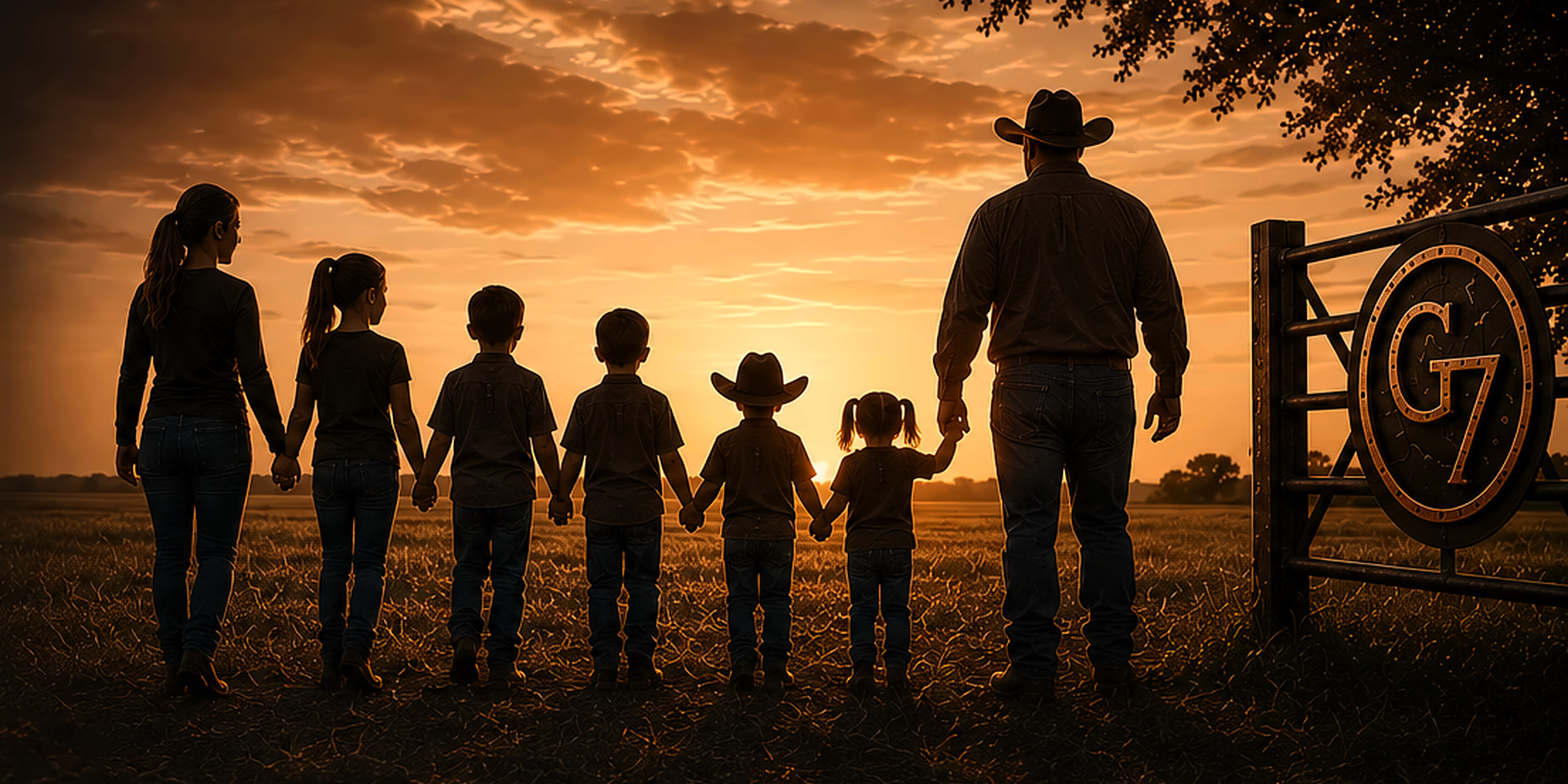 The Gorsuch family, two parents and five children, hand in hand at sunset beside the G7 Ranch gate