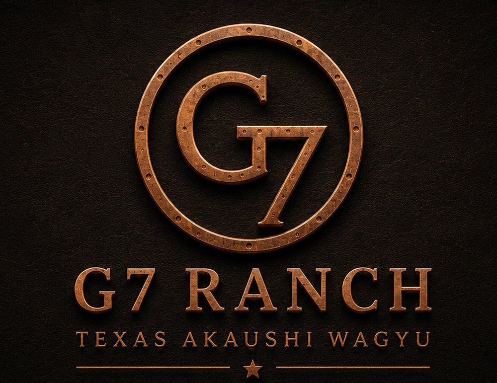 G7 Ranch logo: a copper G7 inside a ring, above the words G7 Ranch, Texas Akaushi Wagyu